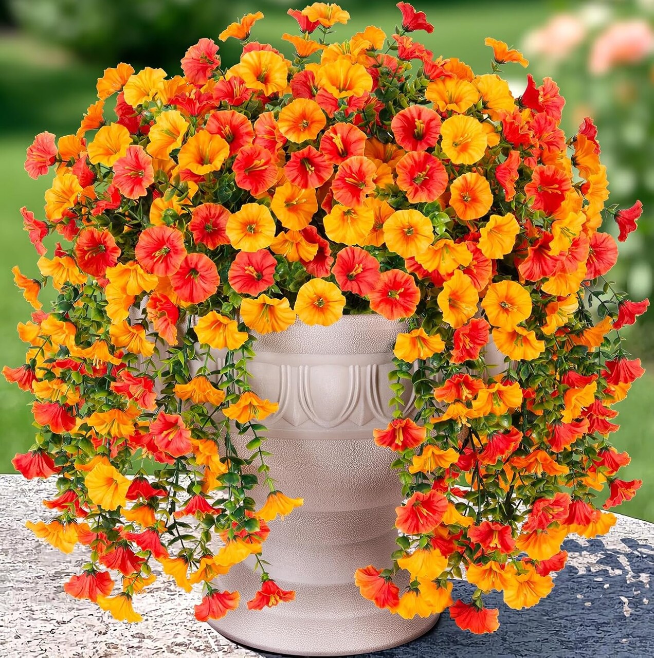 Artificial Faux Hanging Flowers Plants for Outdoor Decor (Yellow+orange) 1"D x 1"W x 1"H